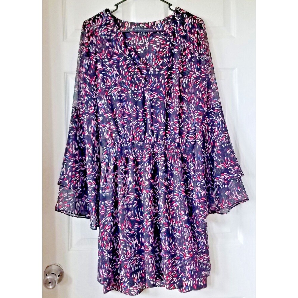 WHITE HOUSE BLACK MARKET Black & Multicolor Print Dress Long Bell Sleeves Size 4